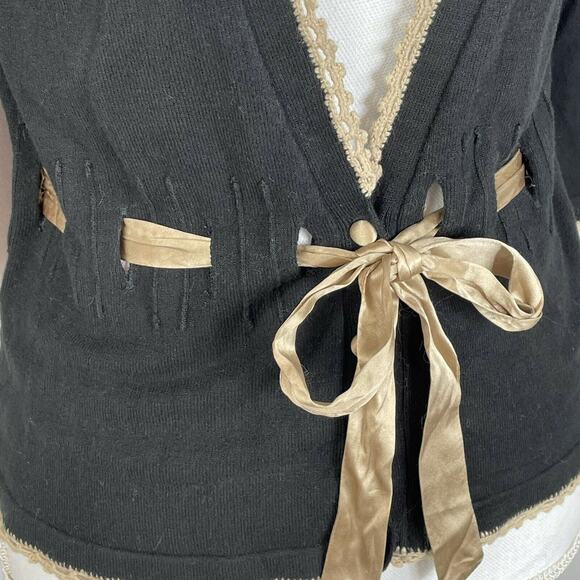 White House Black Market Black Taupe Trim Ribbon Tie Waist Cardigan Size S - Picture 5 of 9